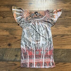 Wet Seal Y2K Boho Print Flutter Sleeve Tunic Top Burnout Sheer Retro Sz Small